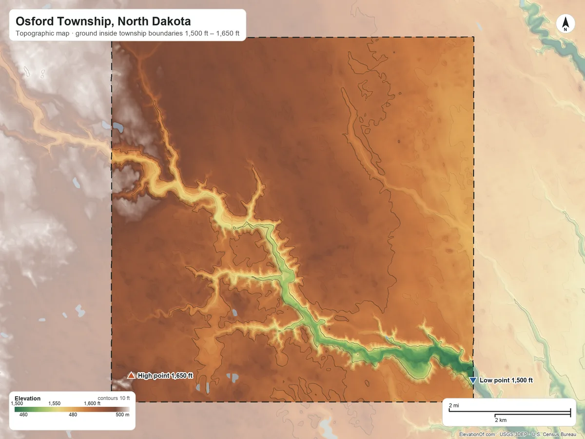 Topographic elevation map of Osford Township, North Dakota, shaded from 1,500 ft on the southeast side to 1,650 ft on the southwest side