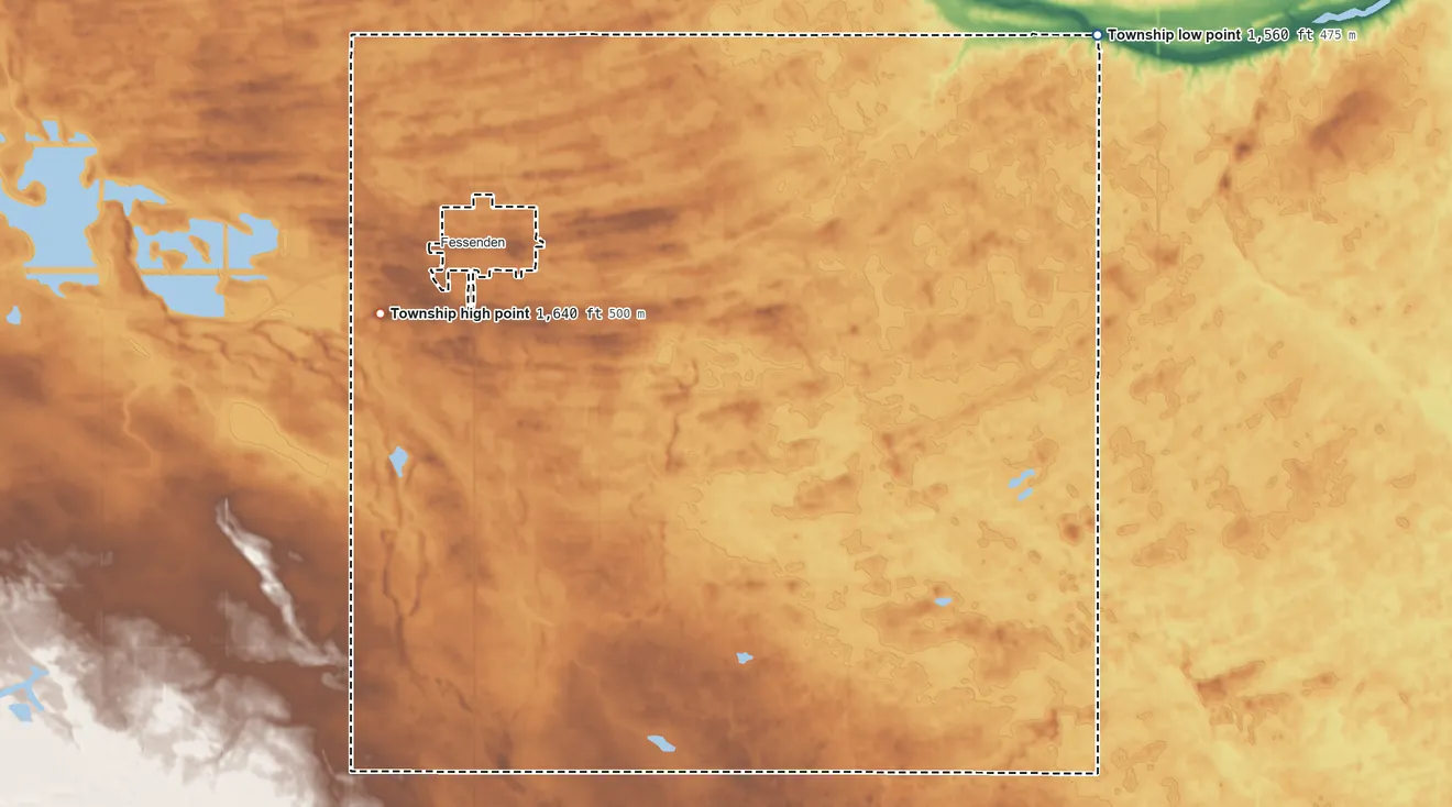 Topographic elevation map of Oshkosh Township, North Dakota, shaded from 1,560 ft on the northeast side to 1,640 ft on the northwest side