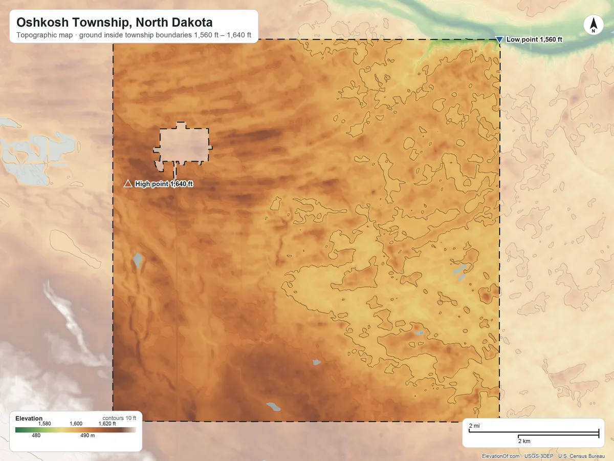 Topographic elevation map of Oshkosh Township, North Dakota, shaded from 1,560 ft on the northeast side to 1,640 ft on the northwest side