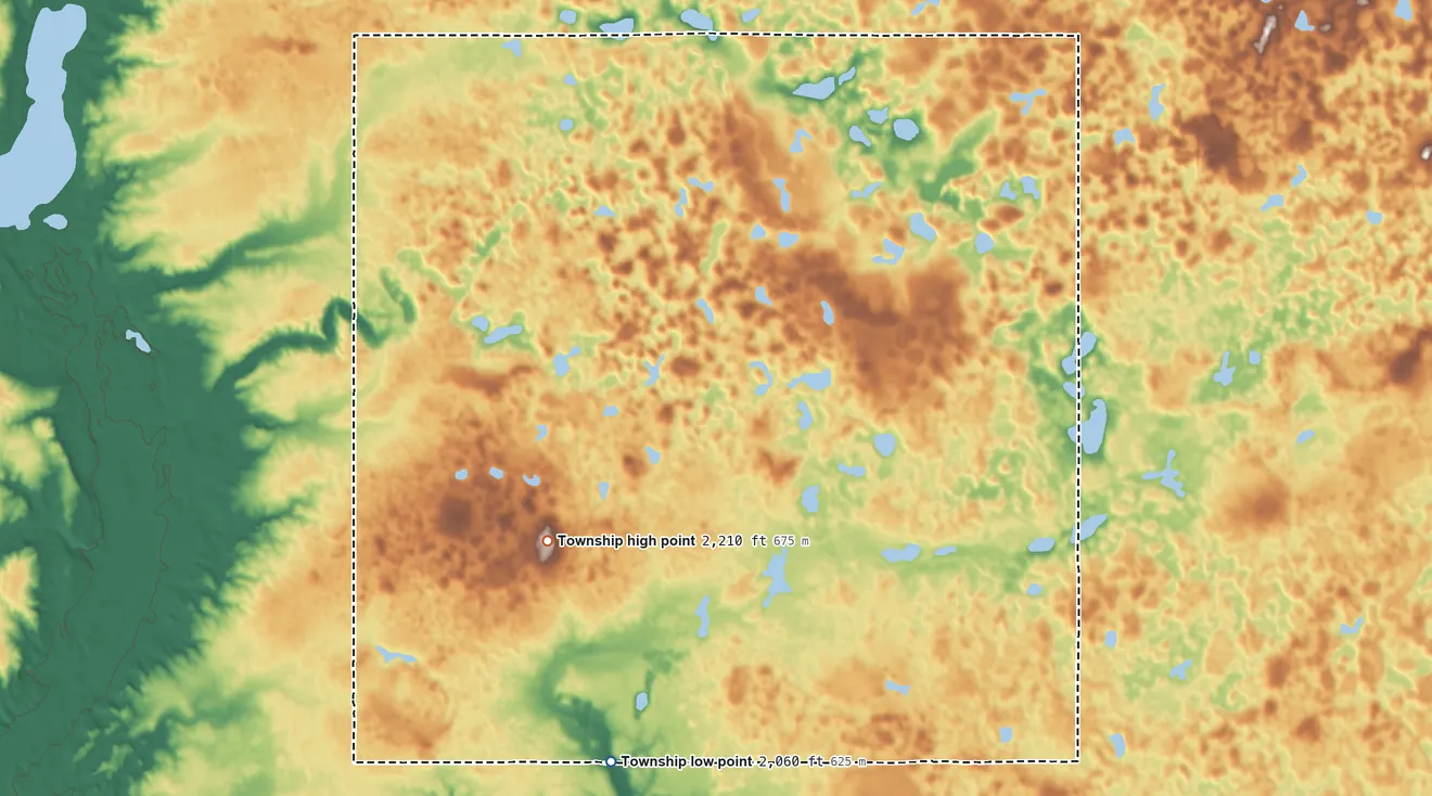 Topographic elevation map of Osloe Township, North Dakota, shaded from 2,060 ft on the south side to 2,210 ft on the west side