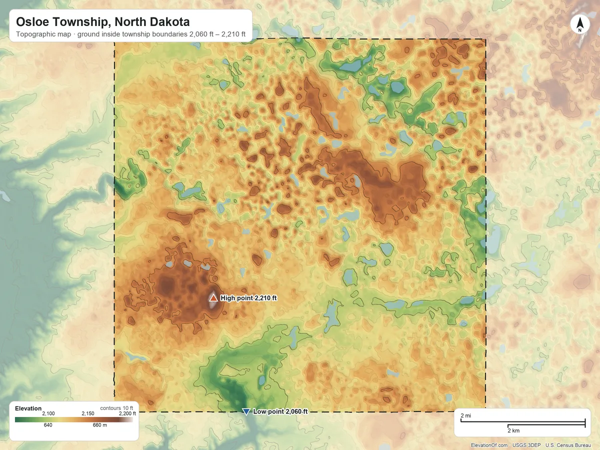 Topographic elevation map of Osloe Township, North Dakota, shaded from 2,060 ft on the south side to 2,210 ft on the west side