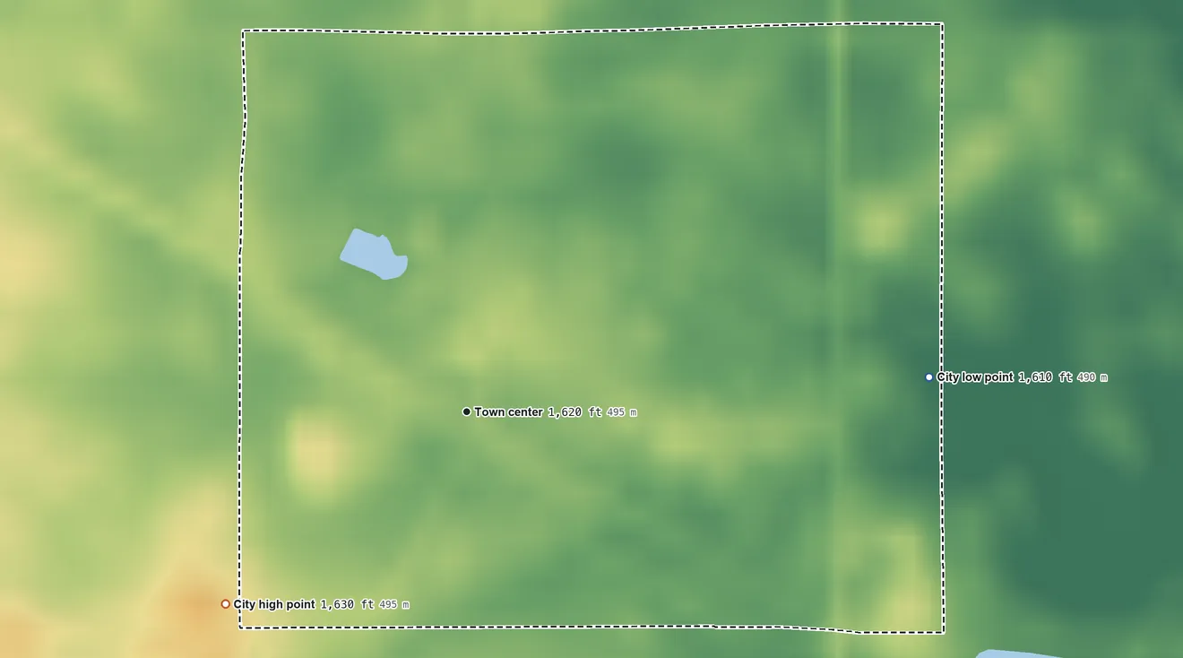 Topographic elevation map of Osnabrock, North Dakota, shaded from 1,610 ft on the east side to 1,630 ft on the southwest side
