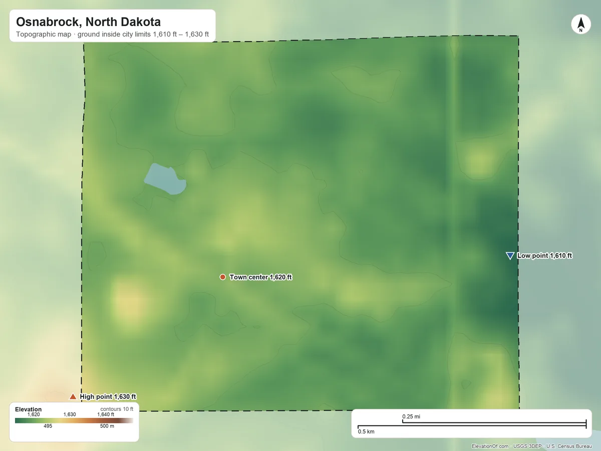 Topographic elevation map of Osnabrock, North Dakota, shaded from 1,610 ft on the east side to 1,630 ft on the southwest side