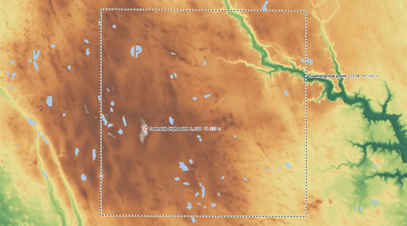 Topographic elevation map of Osnabrock Township, North Dakota, shaded from 1,570 ft on the northeast side to 1,680 ft on the west side