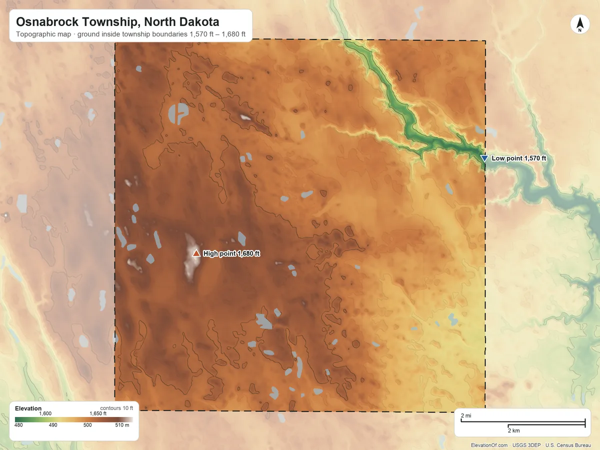 Topographic elevation map of Osnabrock Township, North Dakota, shaded from 1,570 ft on the northeast side to 1,680 ft on the west side