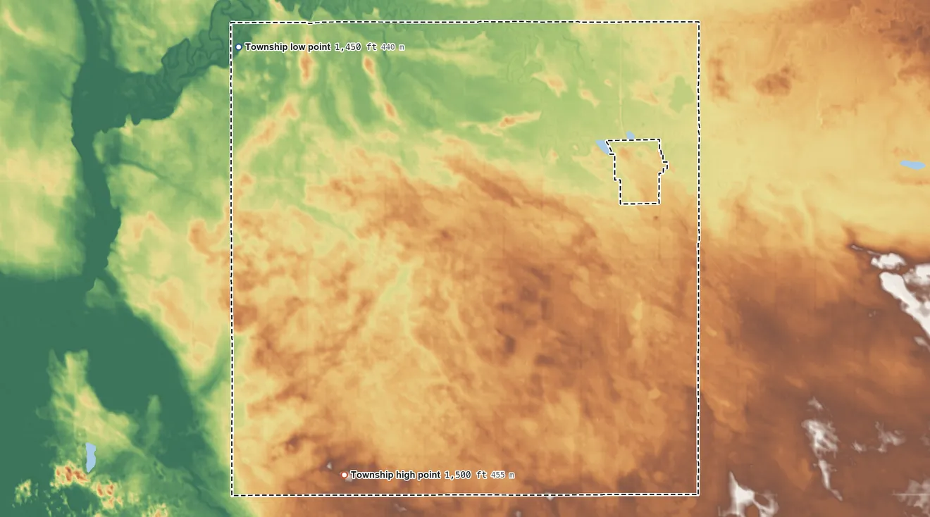Topographic elevation map of Ostby Township, North Dakota, shaded from 1,450 ft on the northwest side to 1,500 ft on the southwest side
