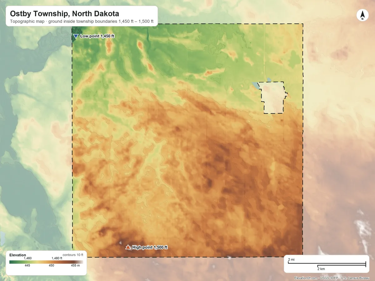 Topographic elevation map of Ostby Township, North Dakota, shaded from 1,450 ft on the northwest side to 1,500 ft on the southwest side