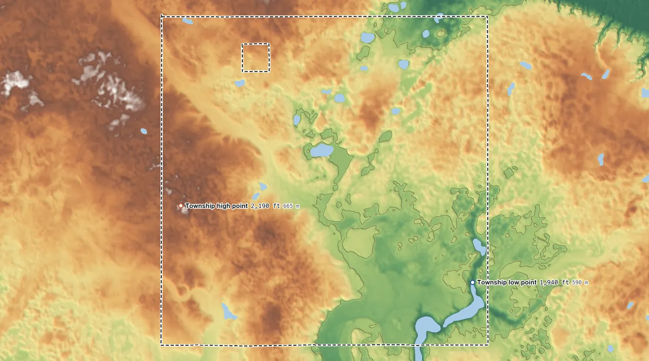Topographic elevation map of Otis Township, North Dakota, shaded from 1,940 ft on the southeast side to 2,190 ft on the southwest side