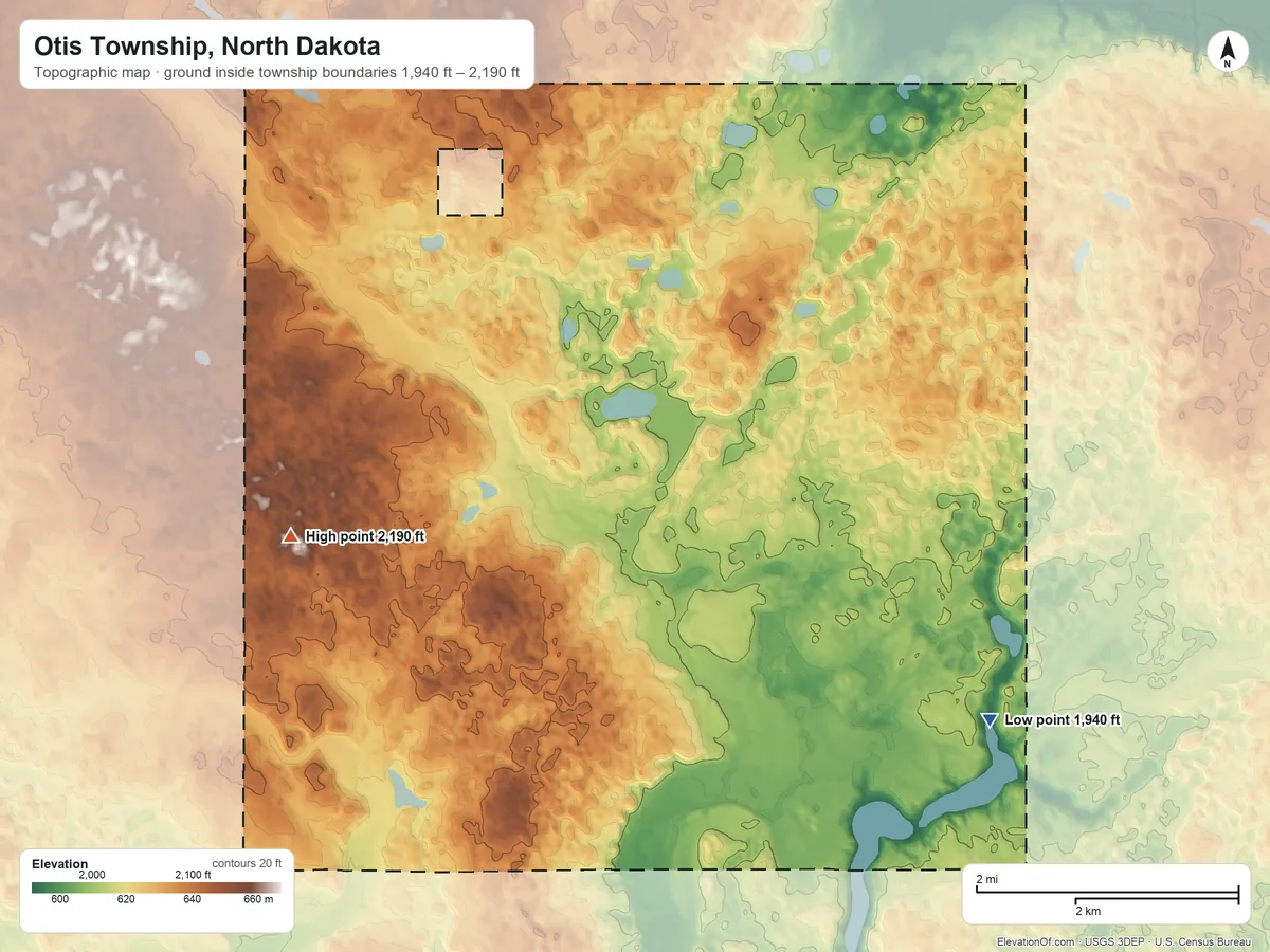 Topographic elevation map of Otis Township, North Dakota, shaded from 1,940 ft on the southeast side to 2,190 ft on the southwest side