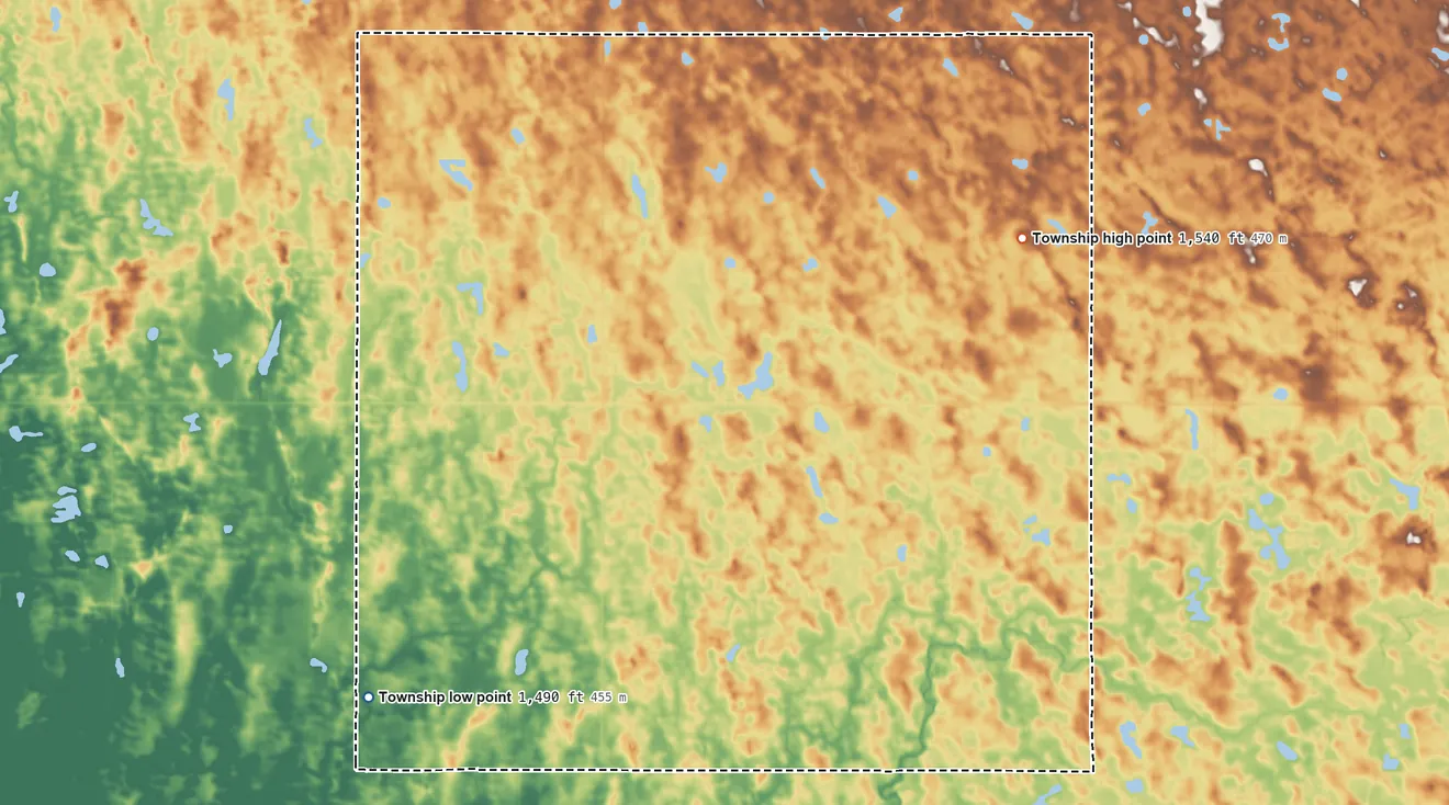 Topographic elevation map of Overland Township, North Dakota, shaded from 1,490 ft on the southwest side to 1,540 ft on the northeast side