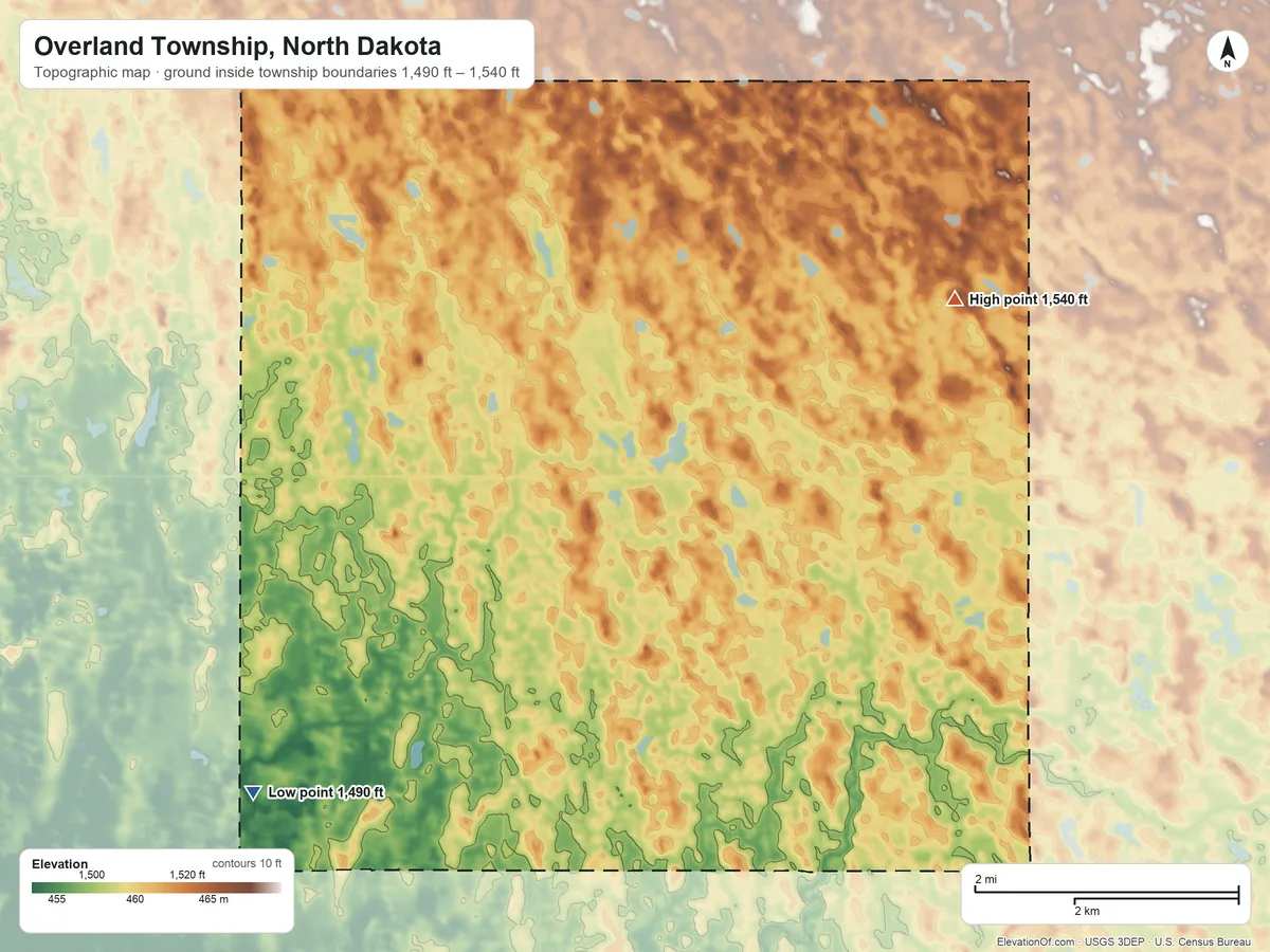 Topographic elevation map of Overland Township, North Dakota, shaded from 1,490 ft on the southwest side to 1,540 ft on the northeast side