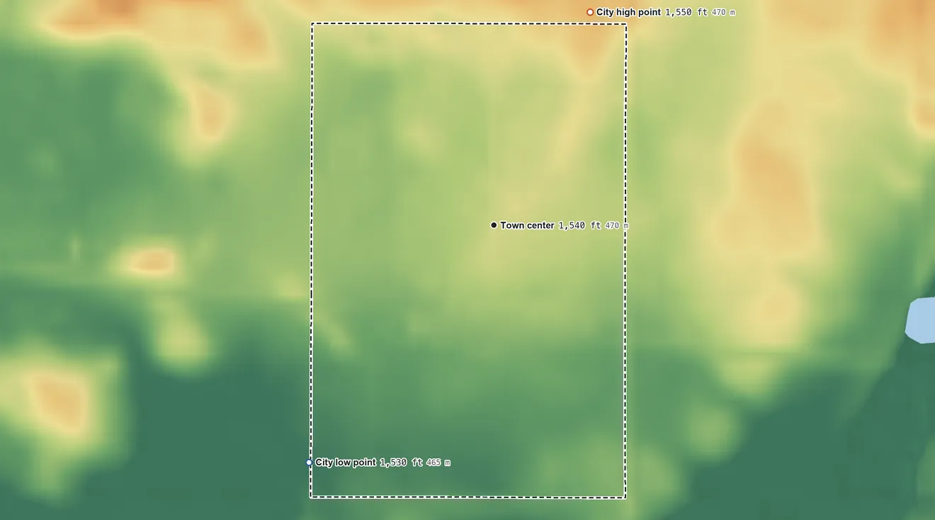 Topographic elevation map of Overly, North Dakota, shaded from 1,530 ft on the southwest side to 1,550 ft on the northeast side