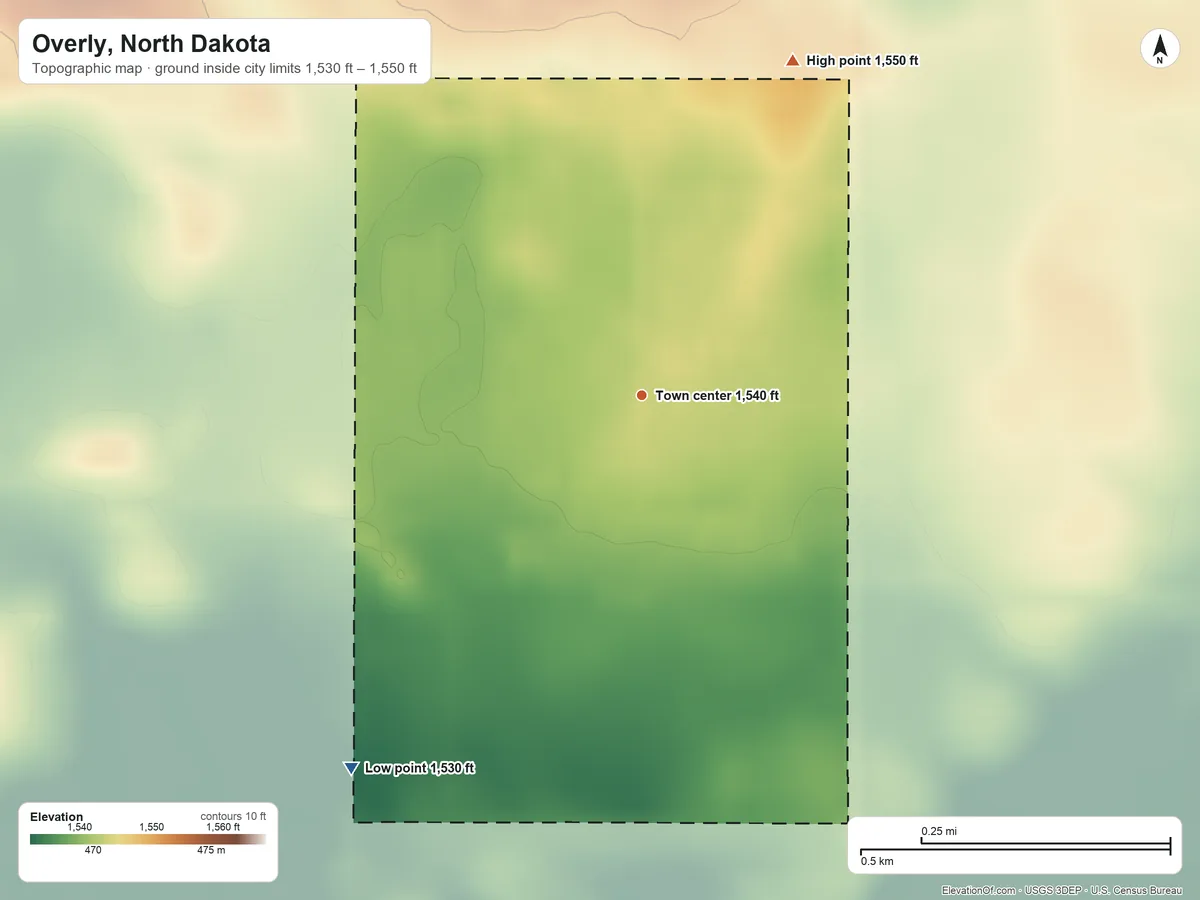 Topographic elevation map of Overly, North Dakota, shaded from 1,530 ft on the southwest side to 1,550 ft on the northeast side