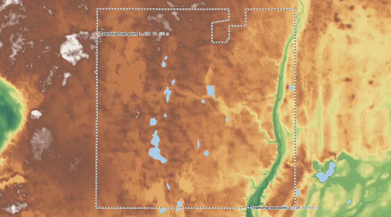 Topographic elevation map of Ovid Township, North Dakota, shaded from 1,310 ft on the southeast side to 1,420 ft on the northwest side