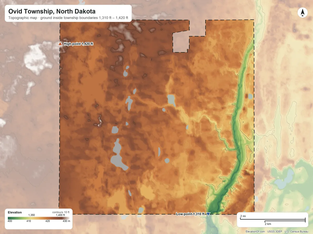 Topographic elevation map of Ovid Township, North Dakota, shaded from 1,310 ft on the southeast side to 1,420 ft on the northwest side