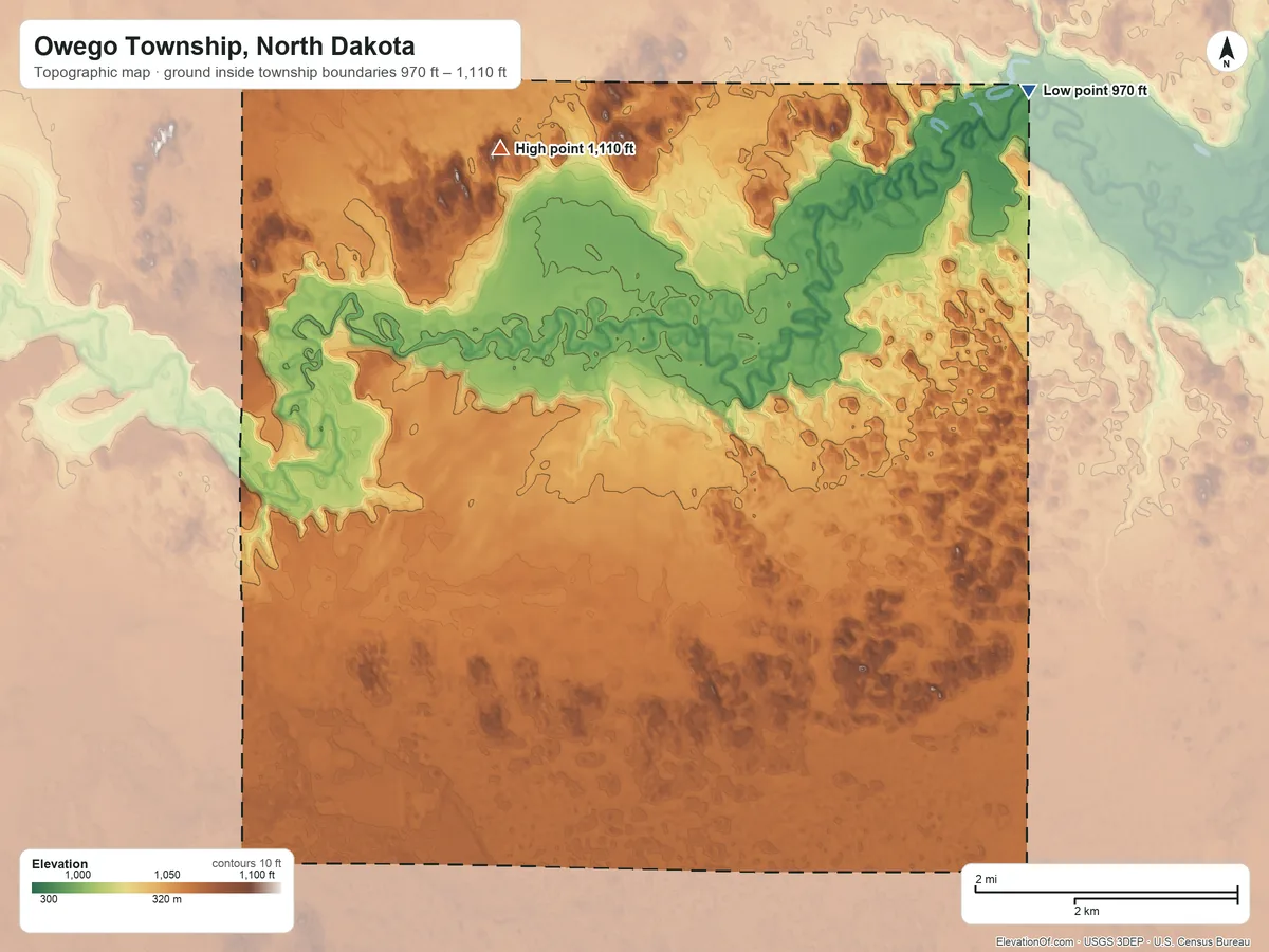 Topographic elevation map of Owego Township, North Dakota, shaded from 970 ft on the northeast side to 1,110 ft on the north side