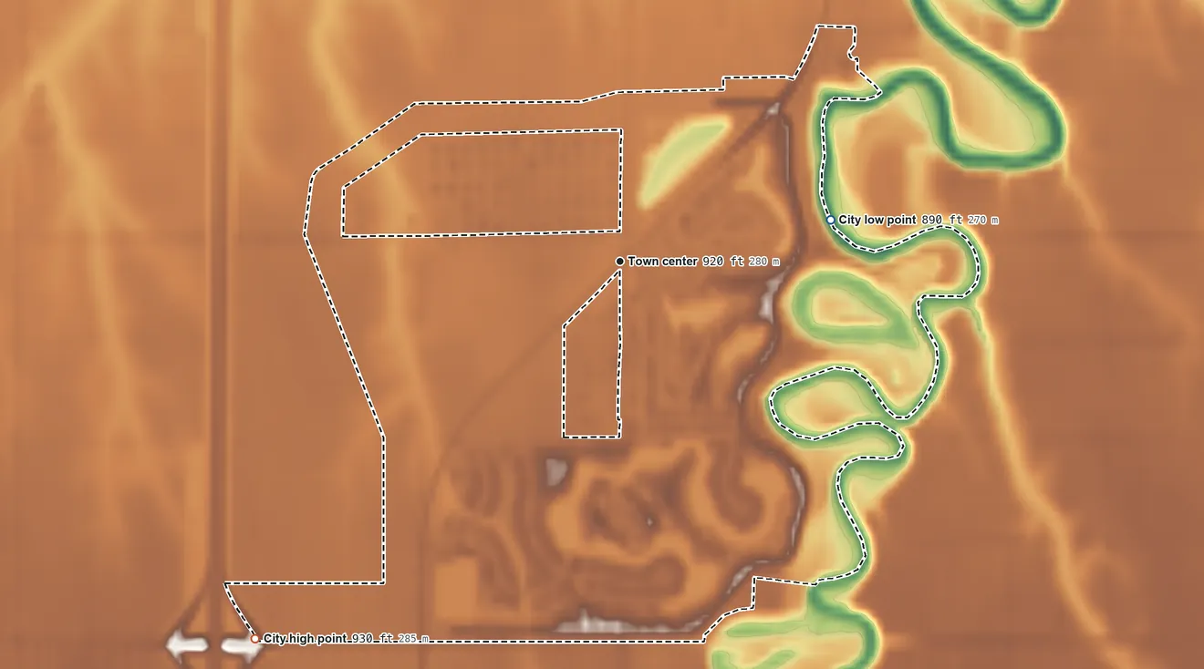 Topographic elevation map of Oxbow, North Dakota, shaded from 890 ft on the east side to 930 ft on the southwest side