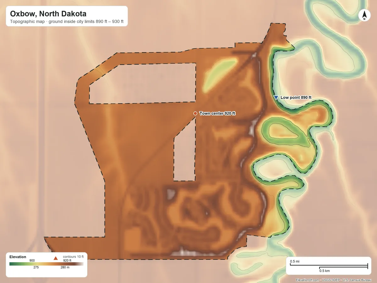 Topographic elevation map of Oxbow, North Dakota, shaded from 890 ft on the east side to 930 ft on the southwest side