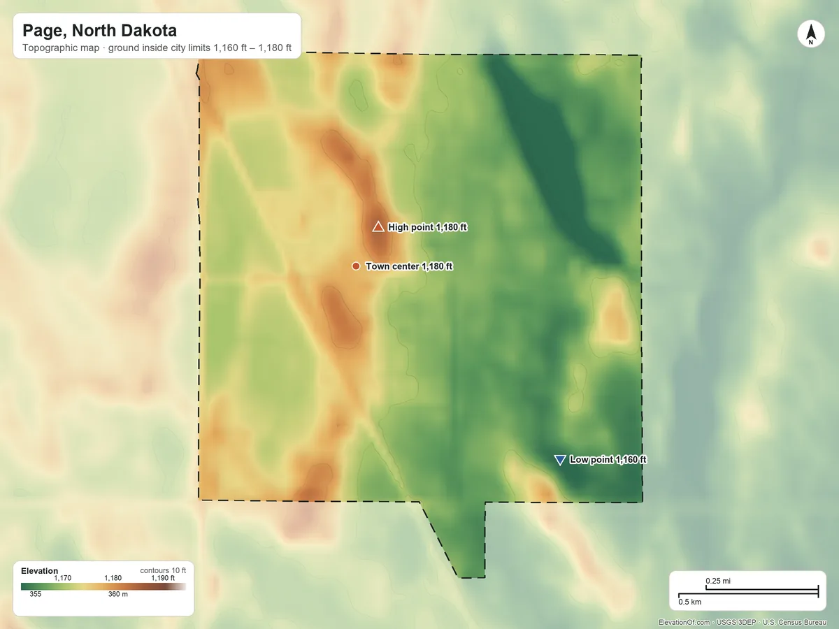 Topographic elevation map of Page, North Dakota, shaded from 1,160 ft on the southeast side to 1,180 ft near the middle