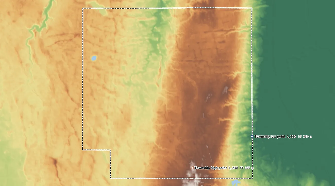 Topographic elevation map of Page Township, North Dakota, shaded from 1,120 ft on the east side to 1,230 ft on the southeast side
