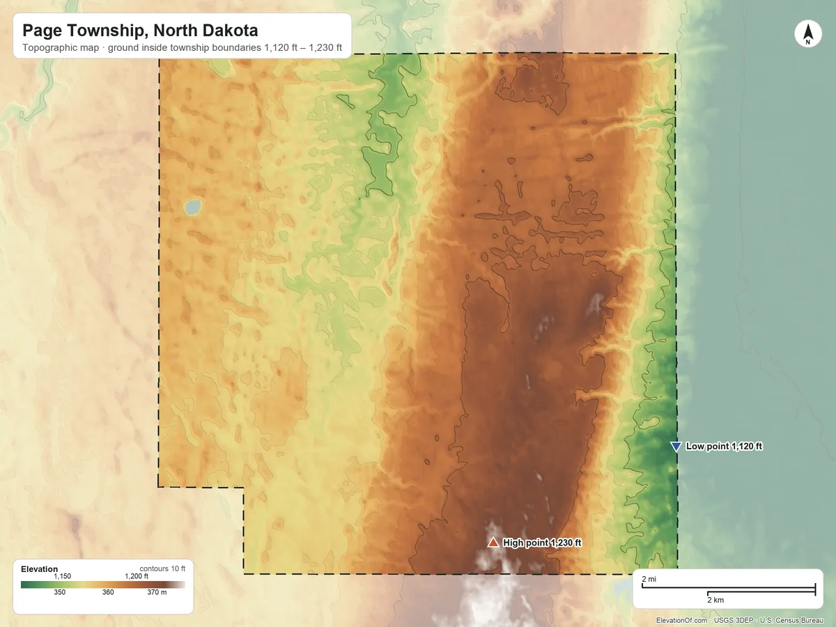 Topographic elevation map of Page Township, North Dakota, shaded from 1,120 ft on the east side to 1,230 ft on the southeast side