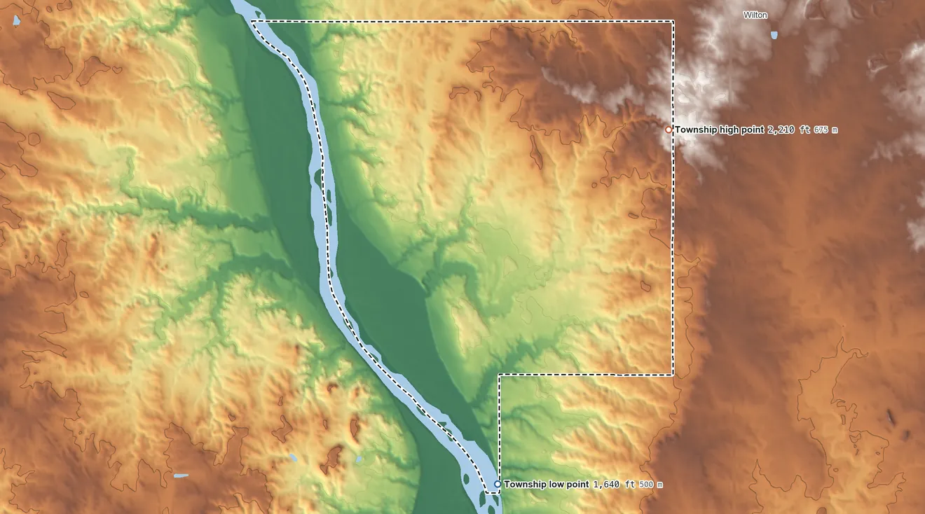 Topographic elevation map of Painted Woods Township, North Dakota, shaded from 1,640 ft on the south side to 2,210 ft on the east side