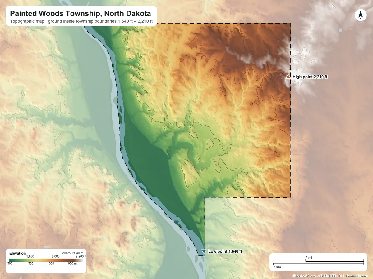 Topographic elevation map of Painted Woods Township, North Dakota, shaded from 1,640 ft on the south side to 2,210 ft on the east side