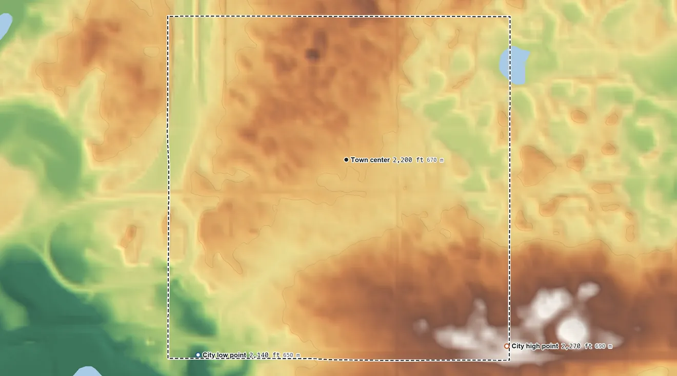 Topographic elevation map of Palermo, North Dakota, shaded from 2,140 ft on the southwest side to 2,270 ft on the southeast side