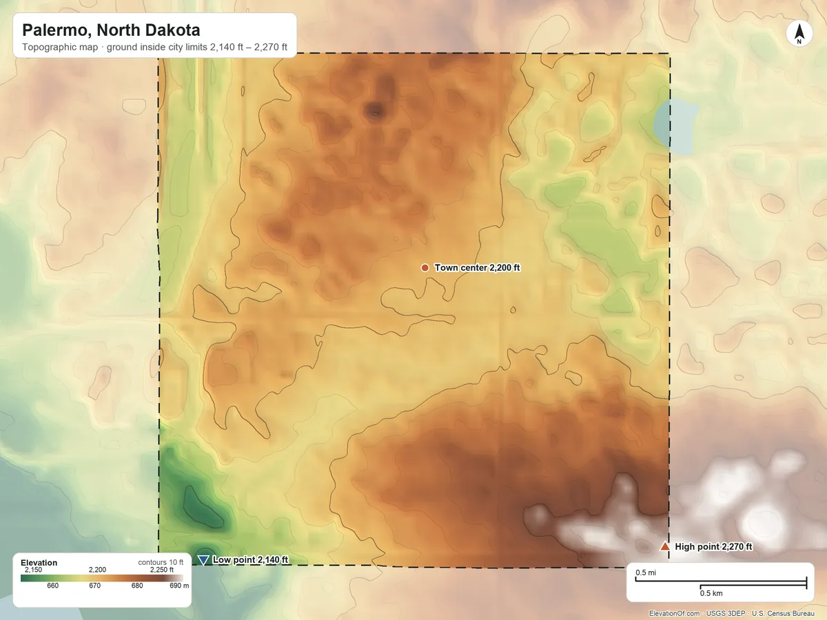 Topographic elevation map of Palermo, North Dakota, shaded from 2,140 ft on the southwest side to 2,270 ft on the southeast side