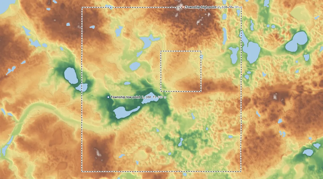 Topographic elevation map of Palermo Township, North Dakota, shaded from 2,100 ft on the southwest side to 2,320 ft on the northeast side