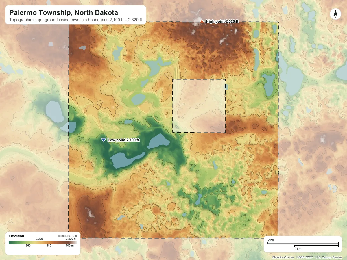 Topographic elevation map of Palermo Township, North Dakota, shaded from 2,100 ft on the southwest side to 2,320 ft on the northeast side