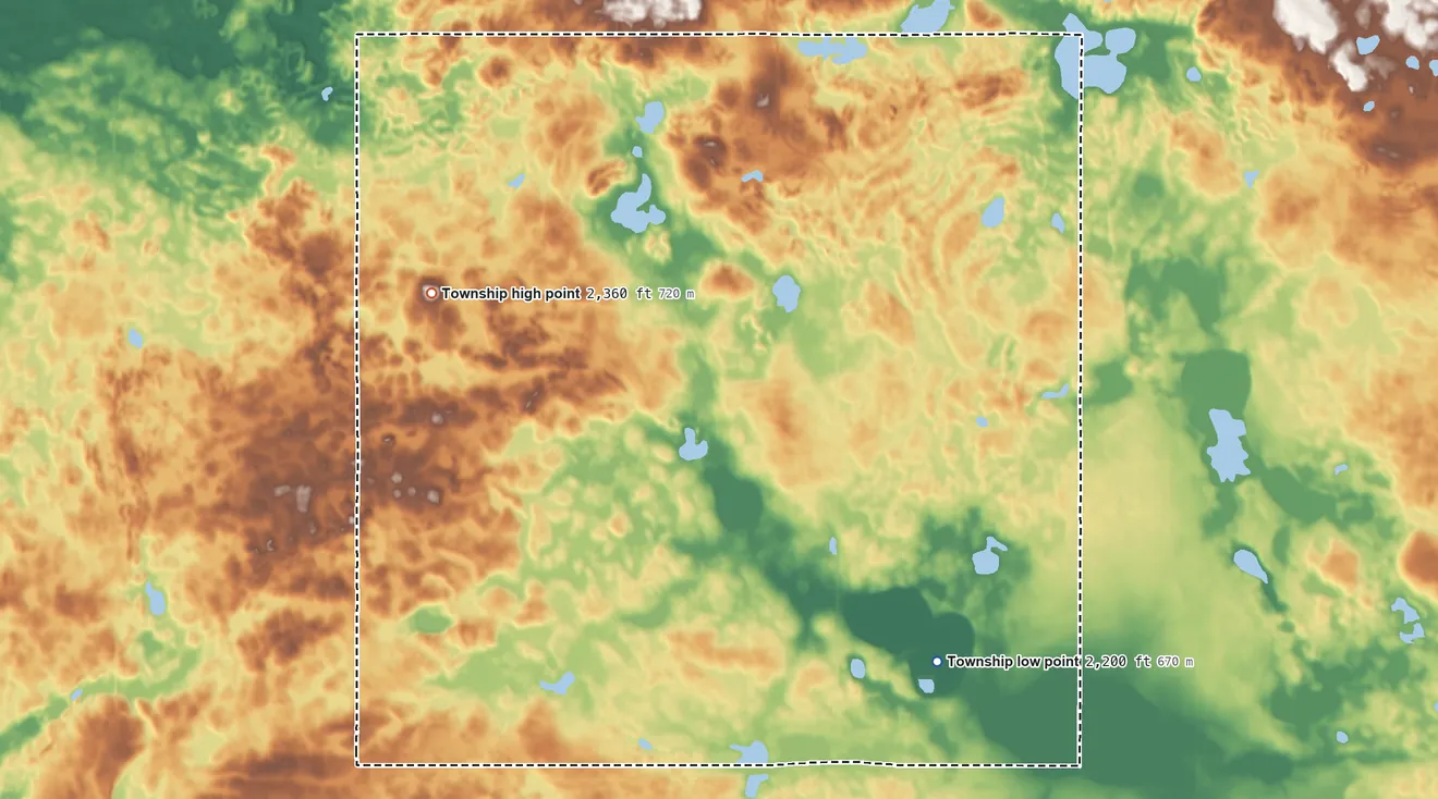 Topographic elevation map of Palmer Township, North Dakota, shaded from 2,200 ft on the southeast side to 2,360 ft on the west side
