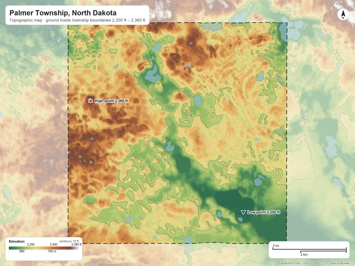 Topographic elevation map of Palmer Township, North Dakota, shaded from 2,200 ft on the southeast side to 2,360 ft on the west side