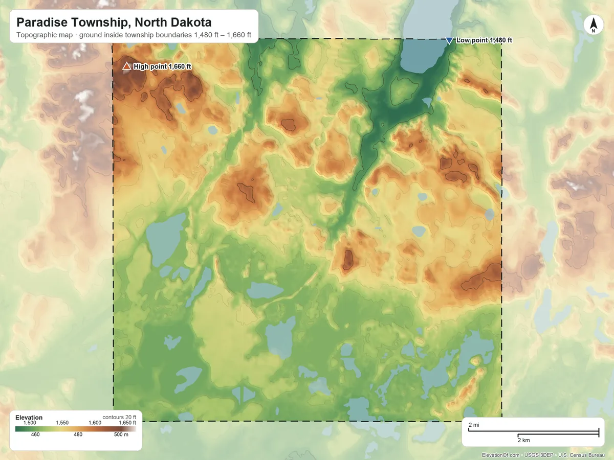 Topographic elevation map of Paradise Township, North Dakota, shaded from 1,480 ft on the northeast side to 1,660 ft on the west side