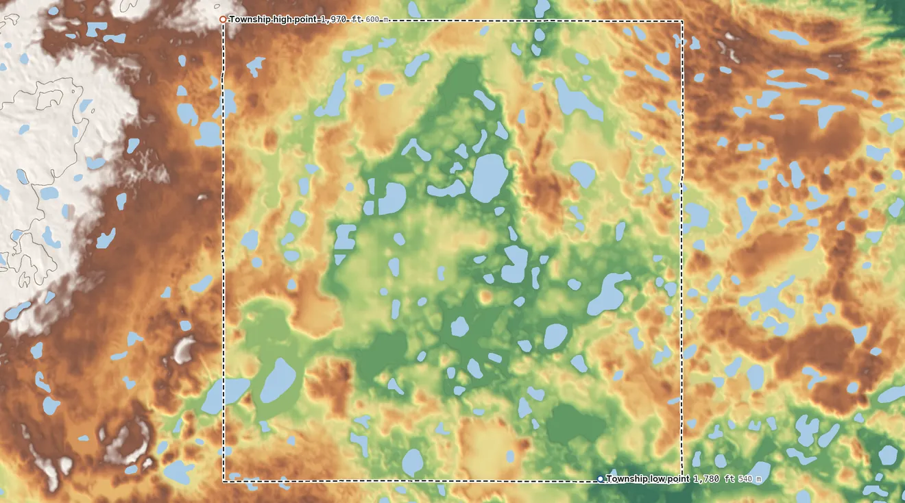 Topographic elevation map of Paris Township, North Dakota, shaded from 1,780 ft on the southeast side to 1,970 ft on the northwest side