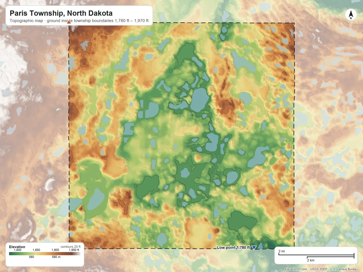 Topographic elevation map of Paris Township, North Dakota, shaded from 1,780 ft on the southeast side to 1,970 ft on the northwest side