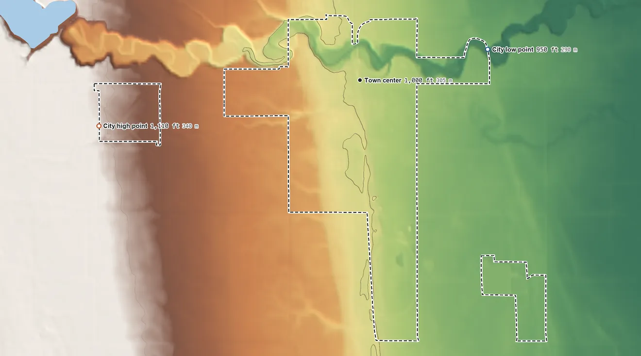 Topographic elevation map of Park River, North Dakota, shaded from 950 ft on the east side to 1,110 ft on the west side