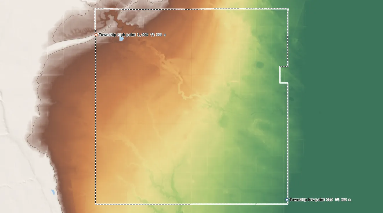 Topographic elevation map of Park Township, North Dakota, shaded from 910 ft on the east side to 1,000 ft on the northwest side