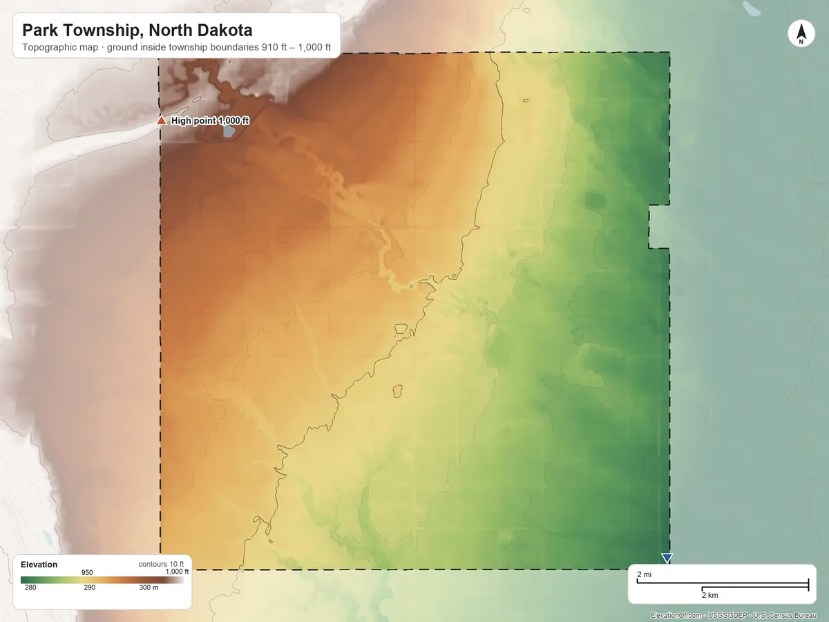Topographic elevation map of Park Township, North Dakota, shaded from 910 ft on the east side to 1,000 ft on the northwest side