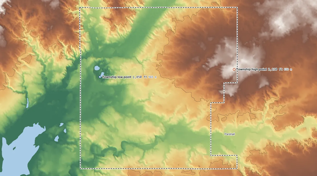 Topographic elevation map of Parshall Township, North Dakota, shaded from 1,850 ft on the west side to 2,130 ft on the east side