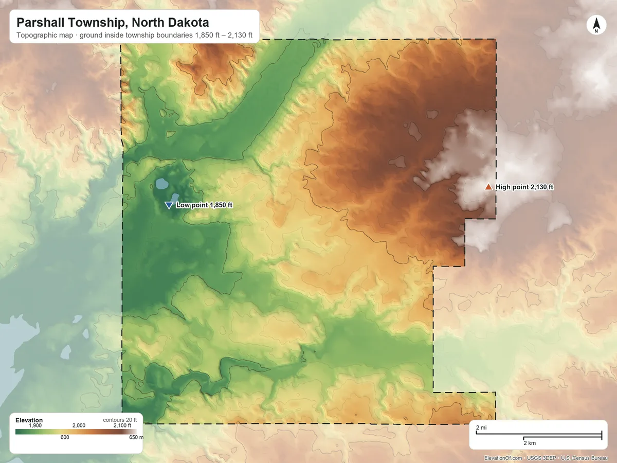 Topographic elevation map of Parshall Township, North Dakota, shaded from 1,850 ft on the west side to 2,130 ft on the east side