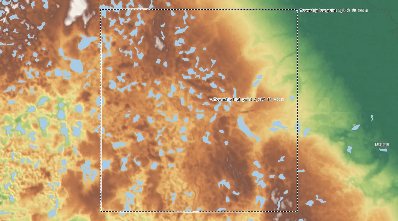 Topographic elevation map of Passport Township, North Dakota, shaded from 2,080 ft on the northeast side to 2,290 ft on the north side
