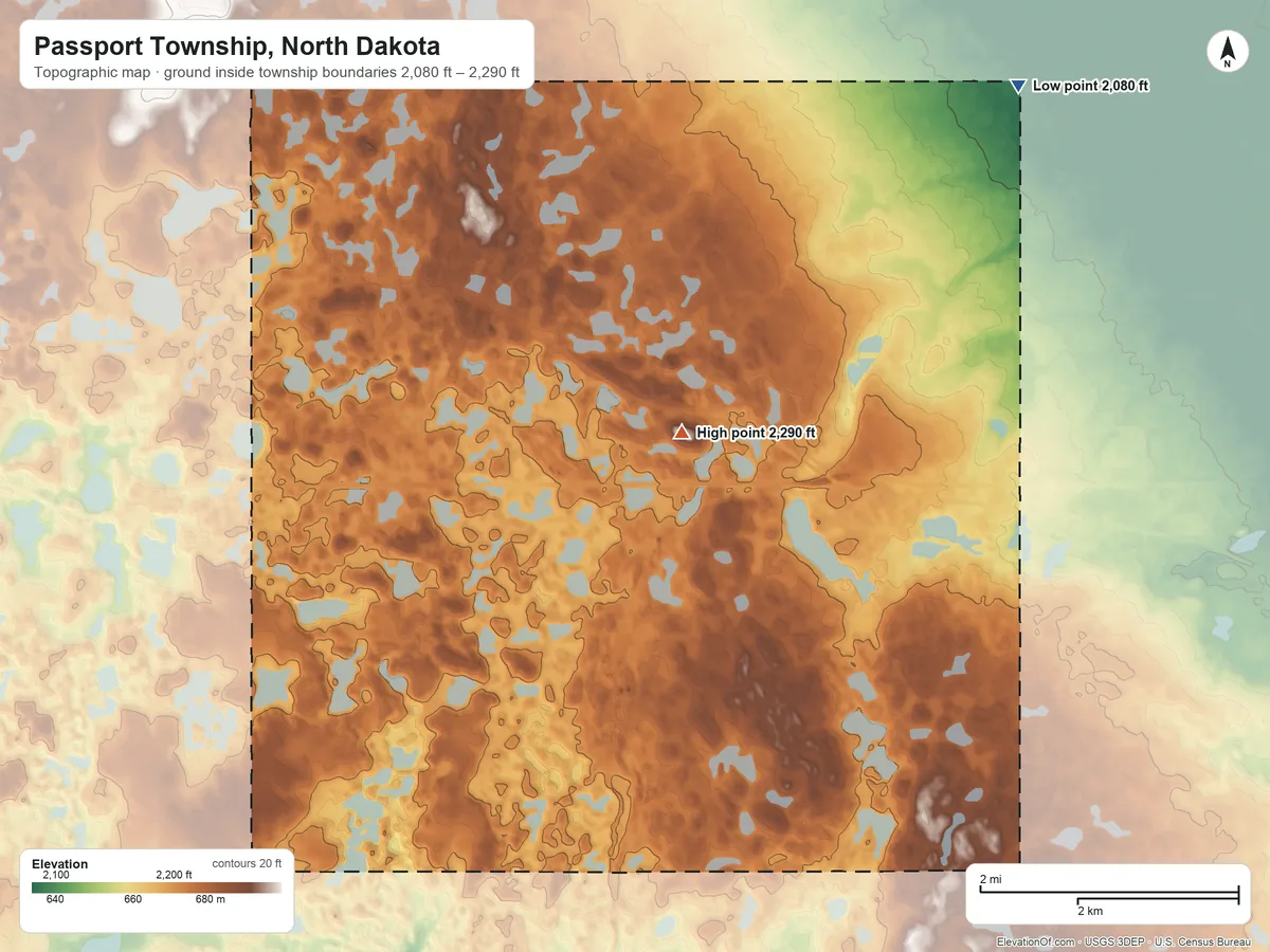 Topographic elevation map of Passport Township, North Dakota, shaded from 2,080 ft on the northeast side to 2,290 ft on the north side