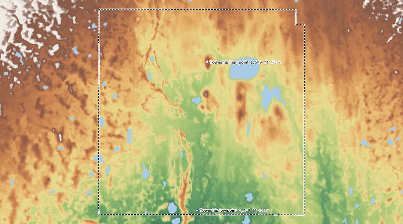Topographic elevation map of Paulson Township, North Dakota, shaded from 1,470 ft on the southwest side to 1,540 ft on the northwest side