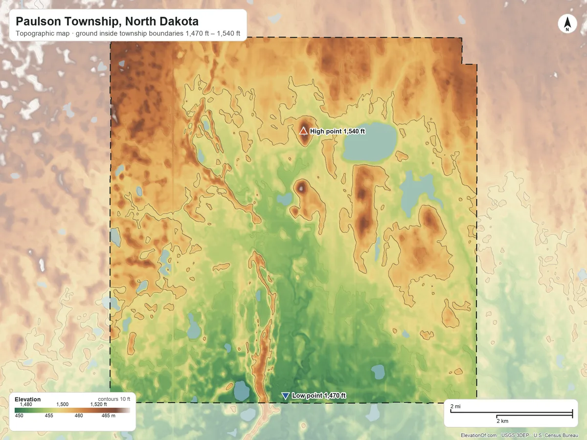 Topographic elevation map of Paulson Township, North Dakota, shaded from 1,470 ft on the southwest side to 1,540 ft on the northwest side