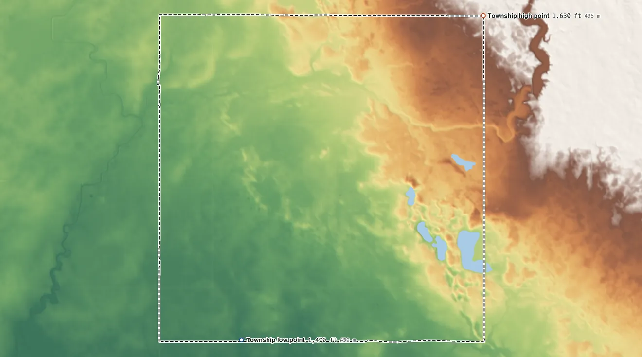 Topographic elevation map of Peabody Township, North Dakota, shaded from 1,470 ft on the south side to 1,630 ft on the northeast side