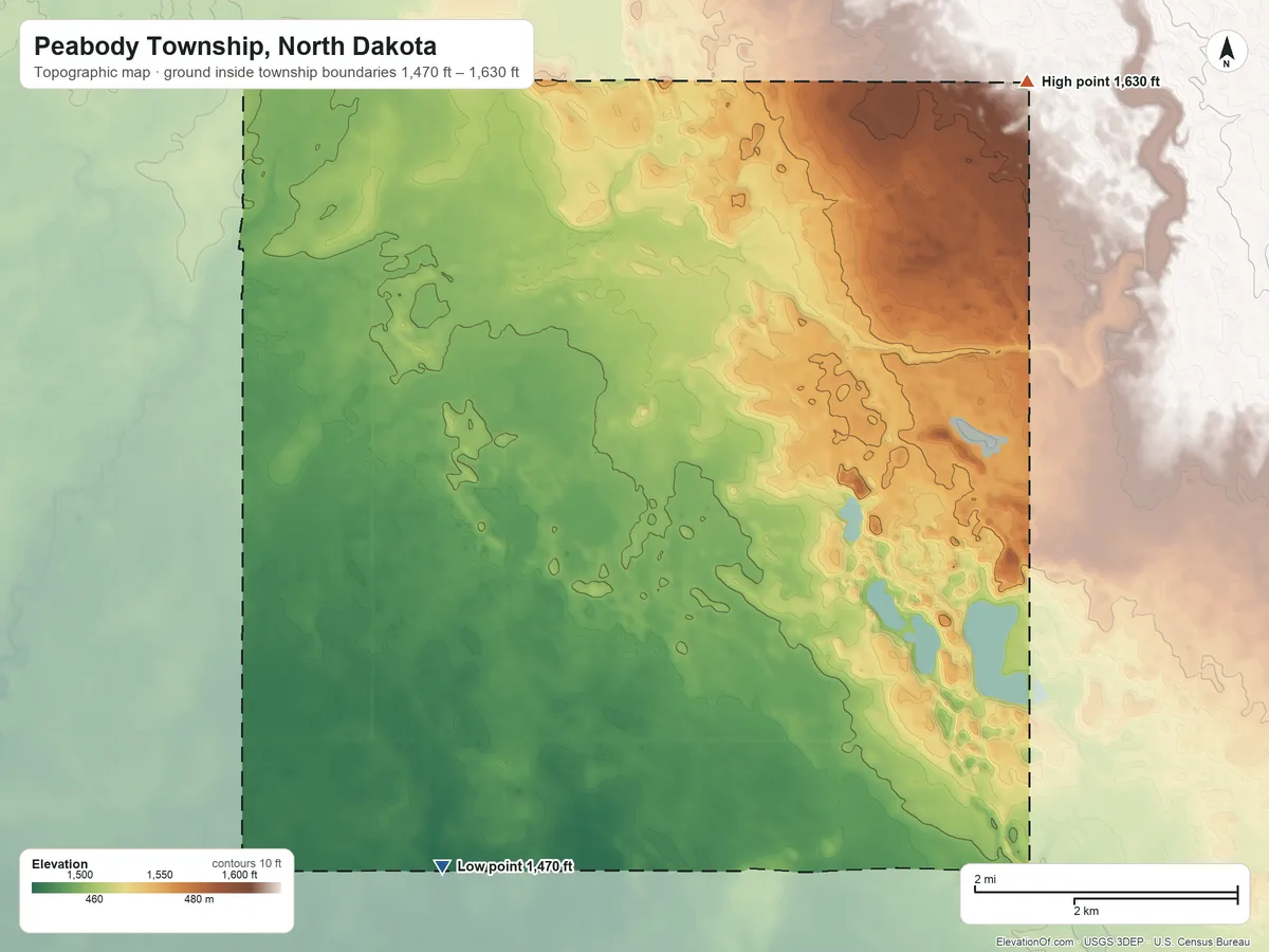 Topographic elevation map of Peabody Township, North Dakota, shaded from 1,470 ft on the south side to 1,630 ft on the northeast side