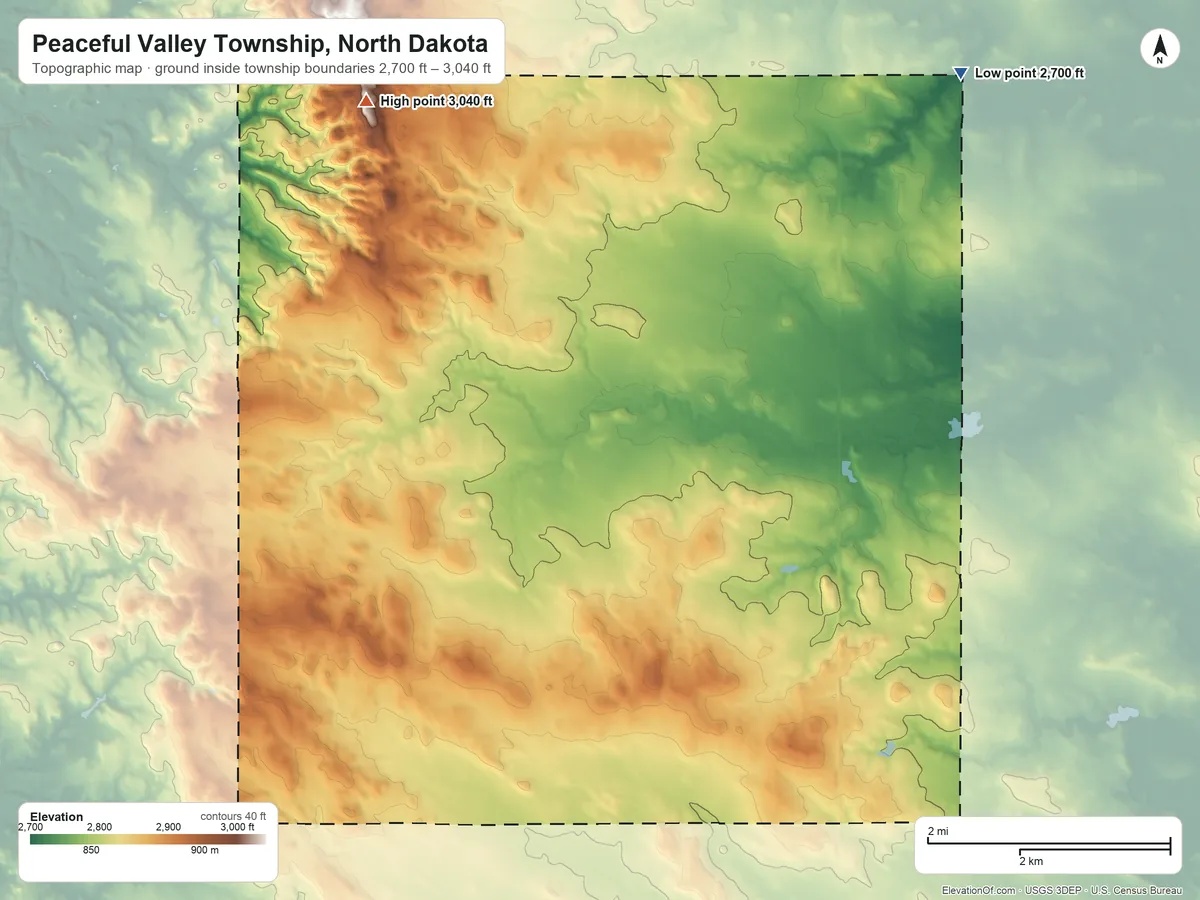 Topographic elevation map of Peaceful Valley Township, North Dakota, shaded from 2,700 ft on the northeast side to 3,040 ft on the north side