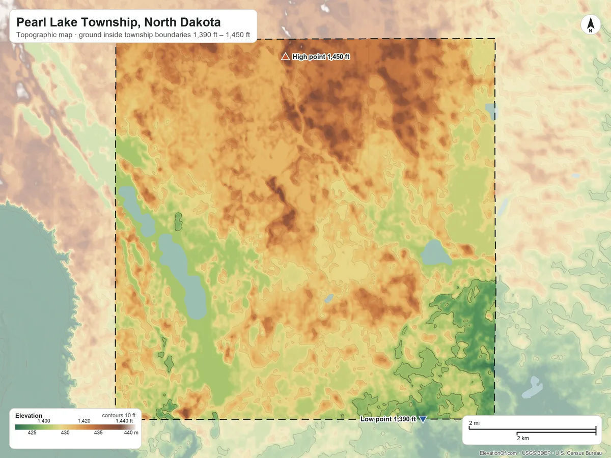 Topographic elevation map of Pearl Lake Township, North Dakota, shaded from 1,390 ft on the southeast side to 1,450 ft on the north side