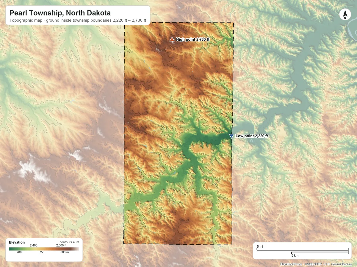 Topographic elevation map of Pearl Township, North Dakota, shaded from 2,220 ft on the northeast side to 2,730 ft on the north side